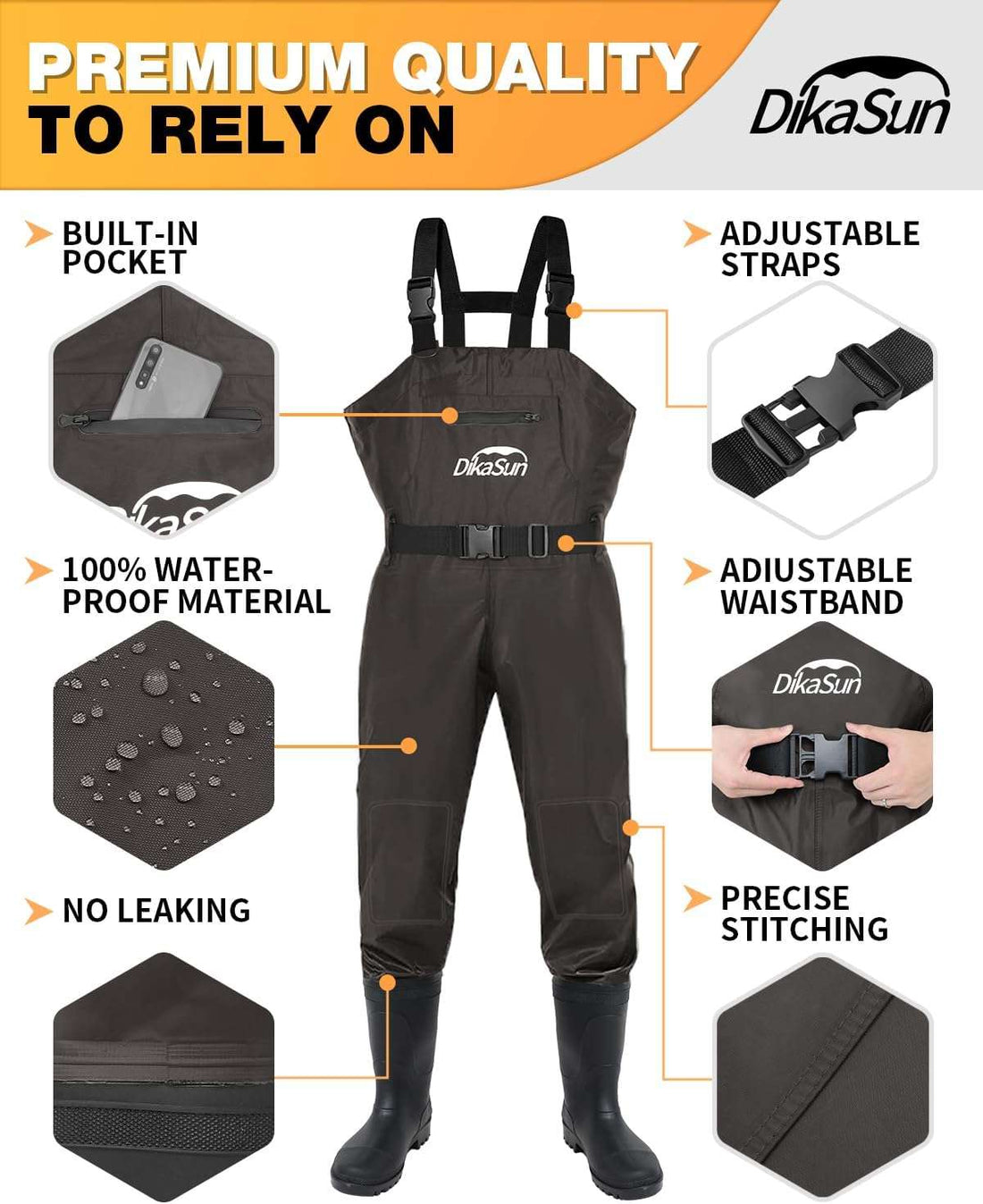DikaSun Bootfoot Chest Waders – Lightweight Fishing & Hunting Waders (Brown)