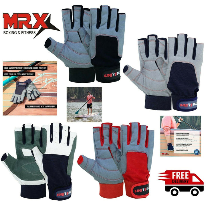 Sailing Gloves – Fingerless Kayaking & Watersports Gloves (Blue/Grey)