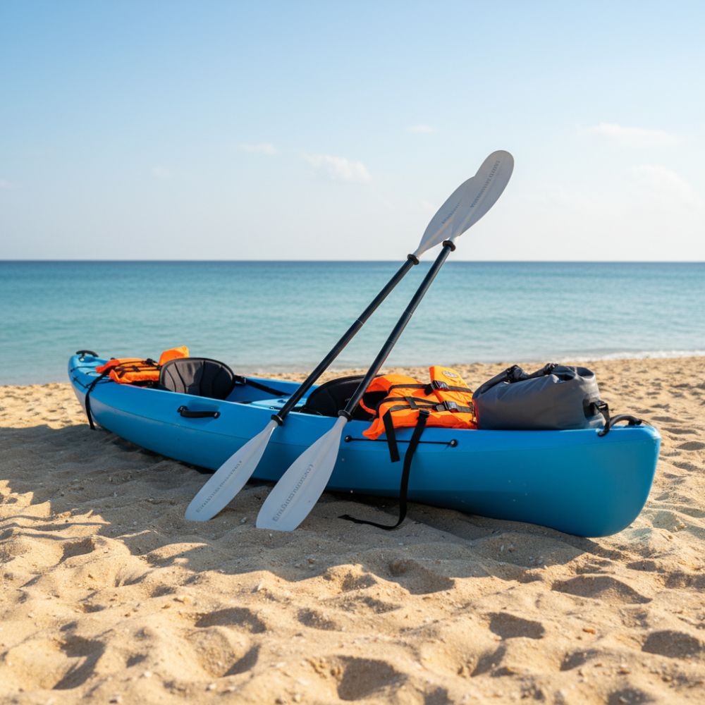 Blue kayak with an orange life vest and paddle on a sandy beach with ocean in the background