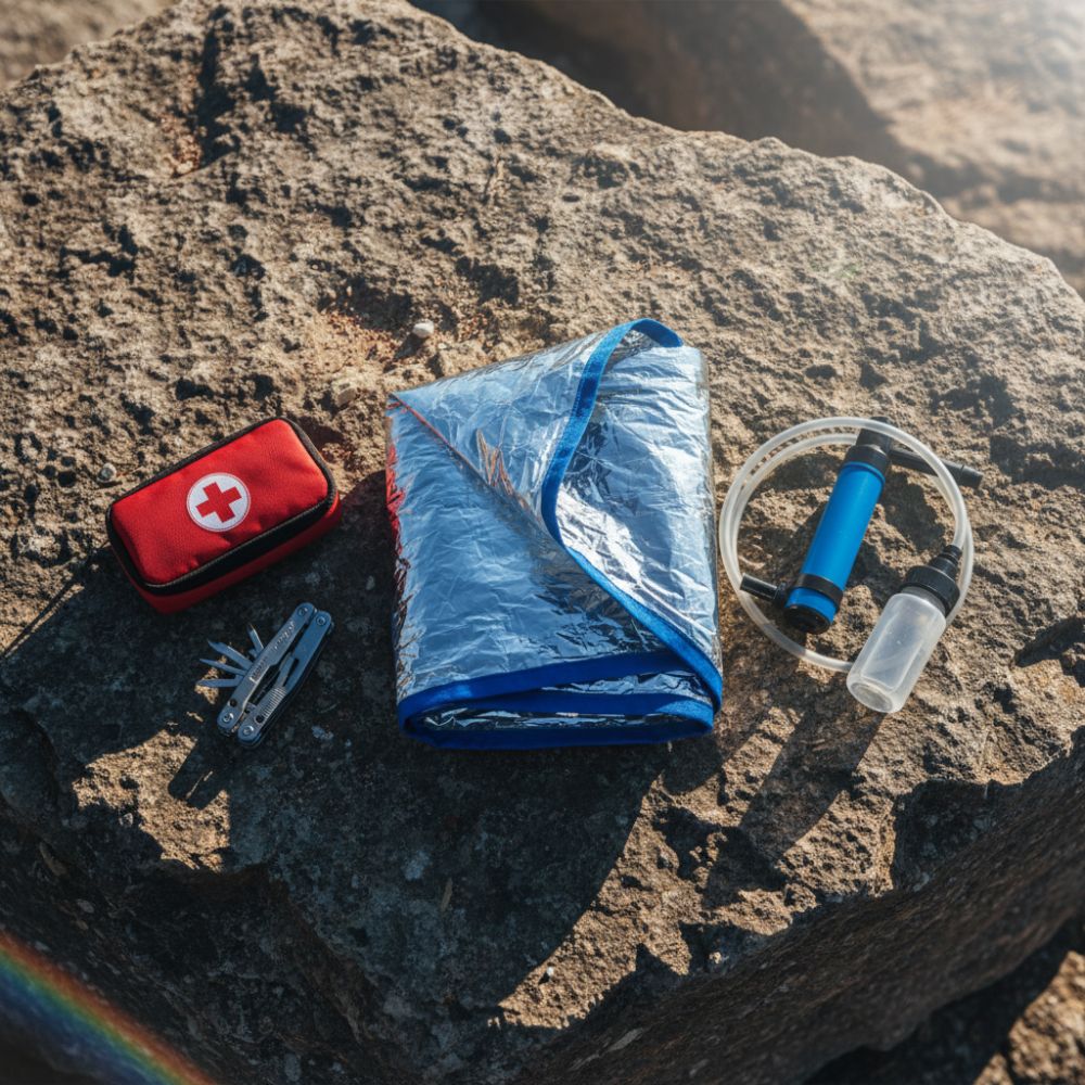 First aid kit, blue towel, and water filter on a rock