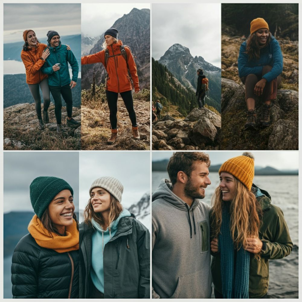 Collage of people in outdoor settings with mountains and lakes.