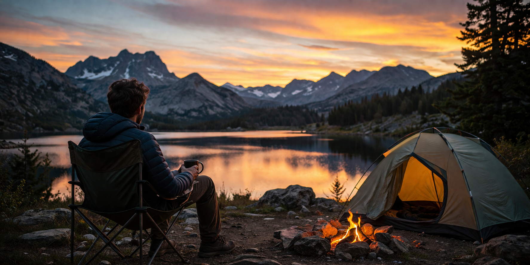 Person sitting by a campfire with a tent and scenic lake at sunset.