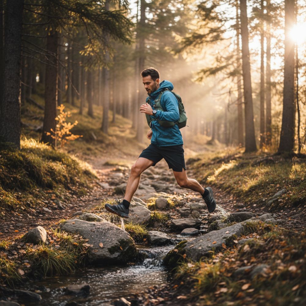 Man running through a forest with sunlight filtering through the trees