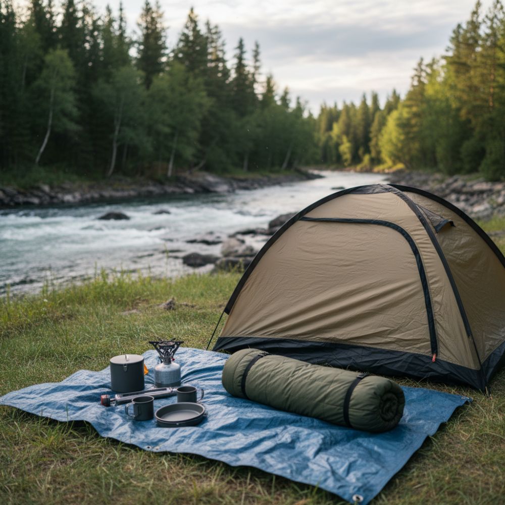 Camping setup with a tent, sleeping bag, and cooking gear by a river