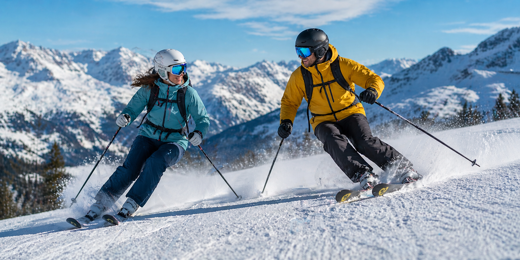 Two skiers on a snowy mountain with a clear blue sky
