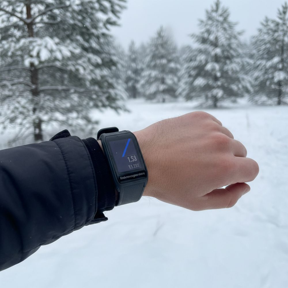Person wearing a smartwatch in a snowy landscape with trees.
